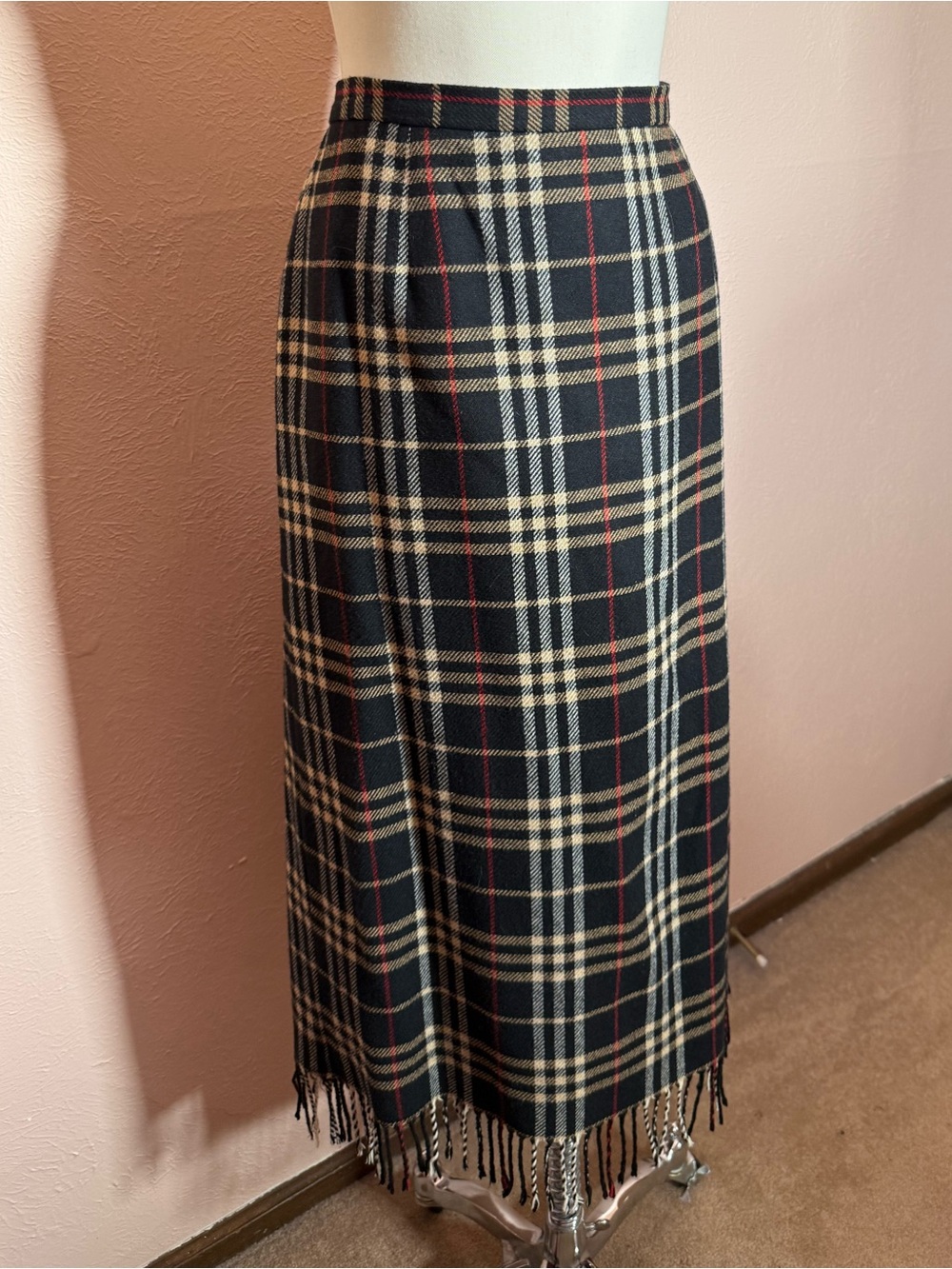 Vintage Briggs Academic Black Camel Plaid Wool Blend Blanket Midi Skirt Sz. 18